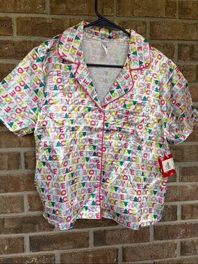 Holiday White Satin Short-Sleeve PJ Set with Pink & Green Joy, Love Peace Print